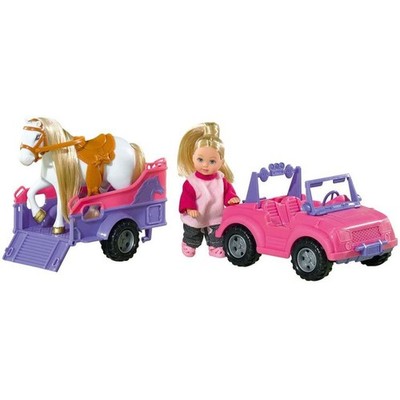 Simba Evi Love Horse Trailer Spielpuppe mit Jeep Pferdeanhänger Pferd Auto Puppe