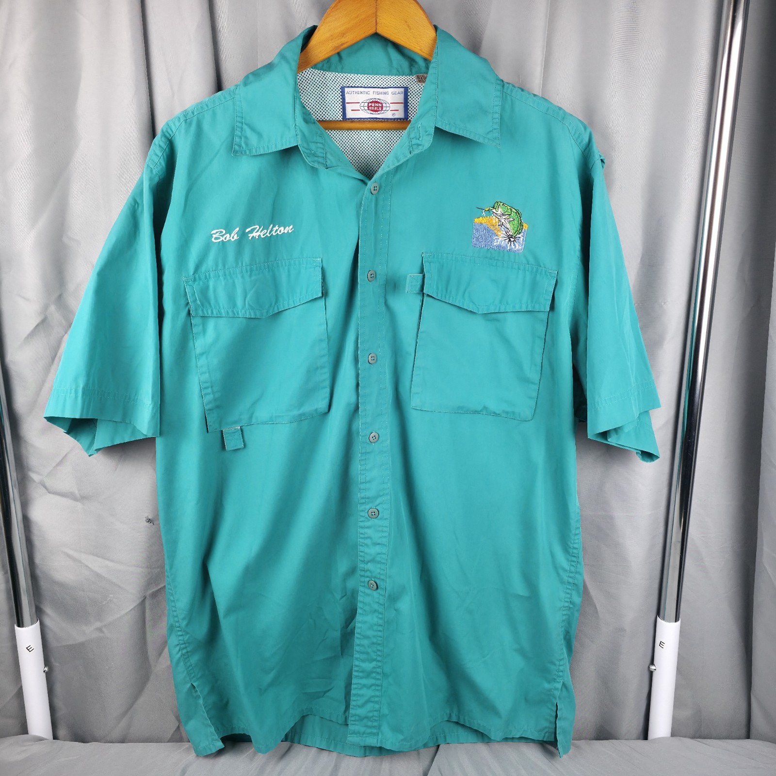 Fishing Shirt Mens L Vented Outdoor Cargo Pockets Teal Bass Logo