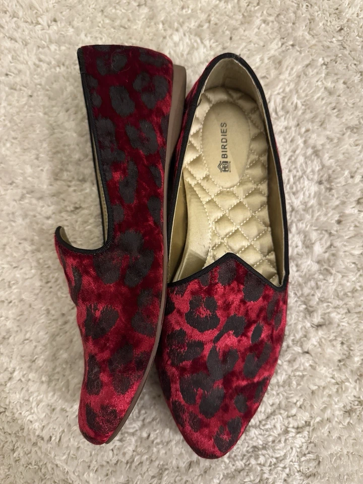 Birdies скворцов бархата мокасины красный леопард печать выстеганная комфорт плоскостях размер 6,5 - Изображение 2 из 4