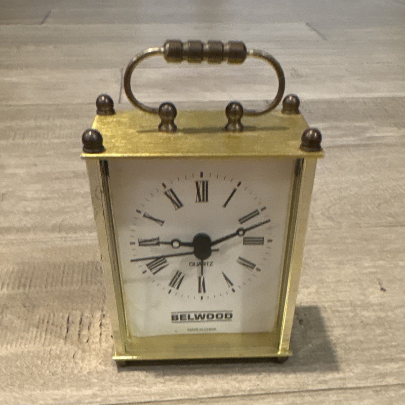 Belwood Quartz Carriage & Lantern Desk Clock Gold Metal/Glass Roman Numerals
