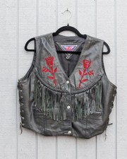 Vintage Black Leather Fringe Tie Side Concho Cropped Motorcycle Biker Vest