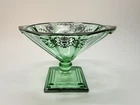 Vtg Depression Green Glass Compote Bowl with Decorative Sterling Silver Overlay