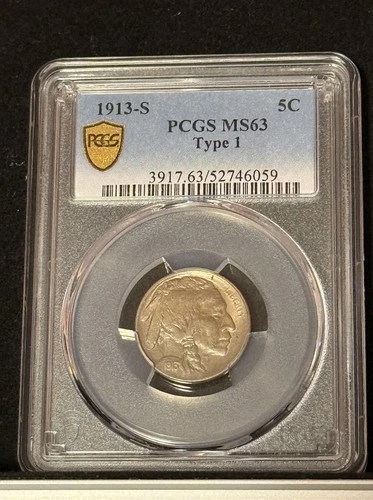 PCGS GOLD SHIELD 1913 S TYPE 1 BUFFALO NICKEL MS63
