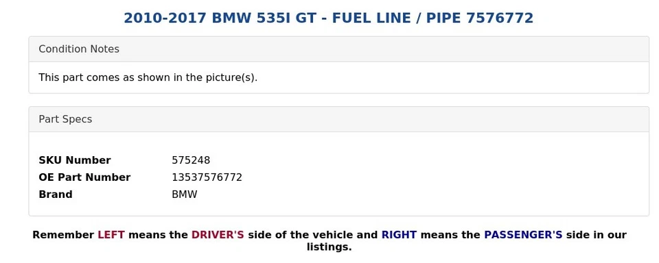 2010-2017 BMW 535I GT - FUEL LINE / PIPE 7576772 - Image 3 of 3