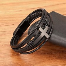 Men's Cross Braided Bracelet Leather Cuff Bracelet Bangle Magnetic Clasp Cross