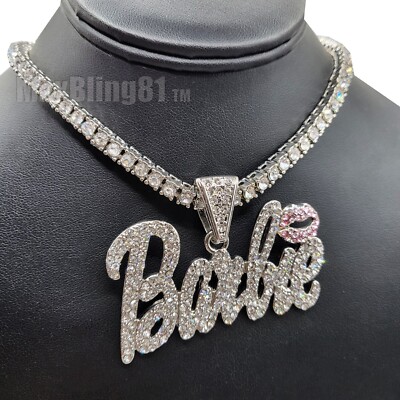 Women Large Barbie Pendant & Iced 1 Row Cubic Zirconia