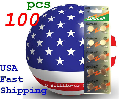 100 pcs AG10 LR1130 Top 389A LR54 G10 Card 1.5V 0% Hg Alkaline Battery