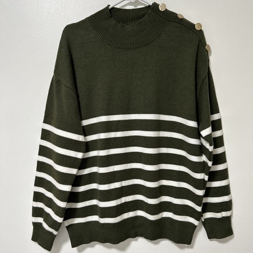 Grüner Pullover Damen XL Stehkragen creme gestreift Knopfleiste Pull On Boutique - Bild 5 von 11