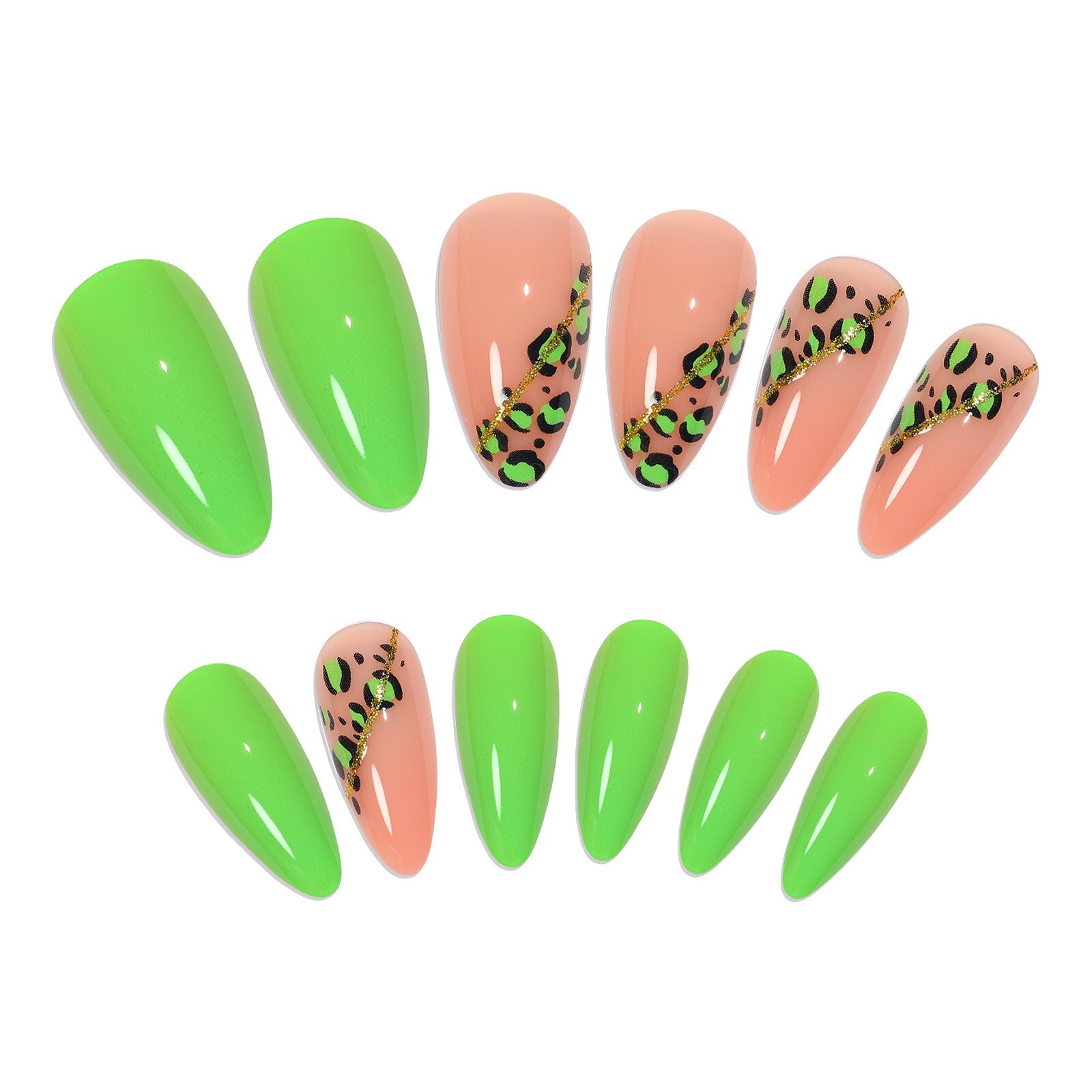 24 Pcs Press on Nails Green & Pink Leopard Print False Nail Tips Almond