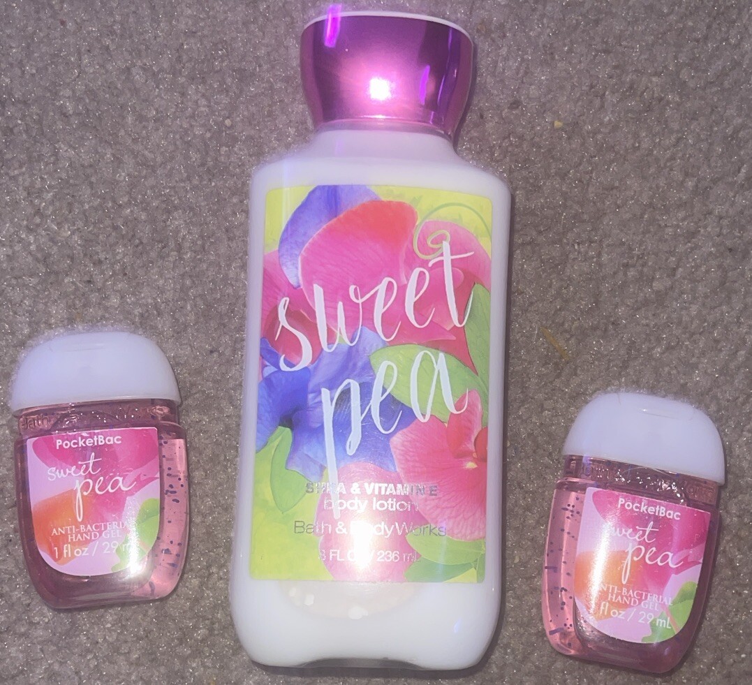 Bath & Body Works Sweet Pea Body Lotion w/ 2 travel size antibacterial hand gel