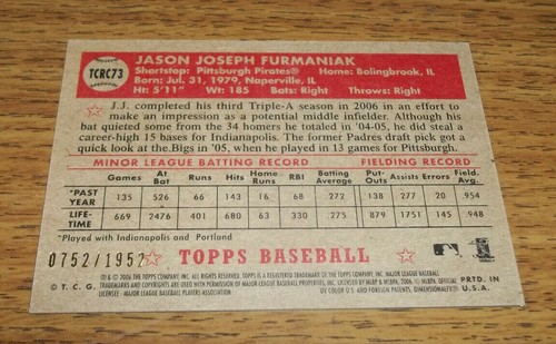 2006 Topps '52 Rookie Card J.J. Furmaniak Serial #0752/1952 Card #TCRC73 - Picture 2 of 2