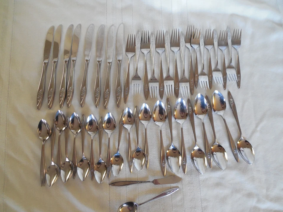 Talheres Everbrite deluxe aço inoxidável EVS18 48 peças vintage Japão - Imagem 3 de 4