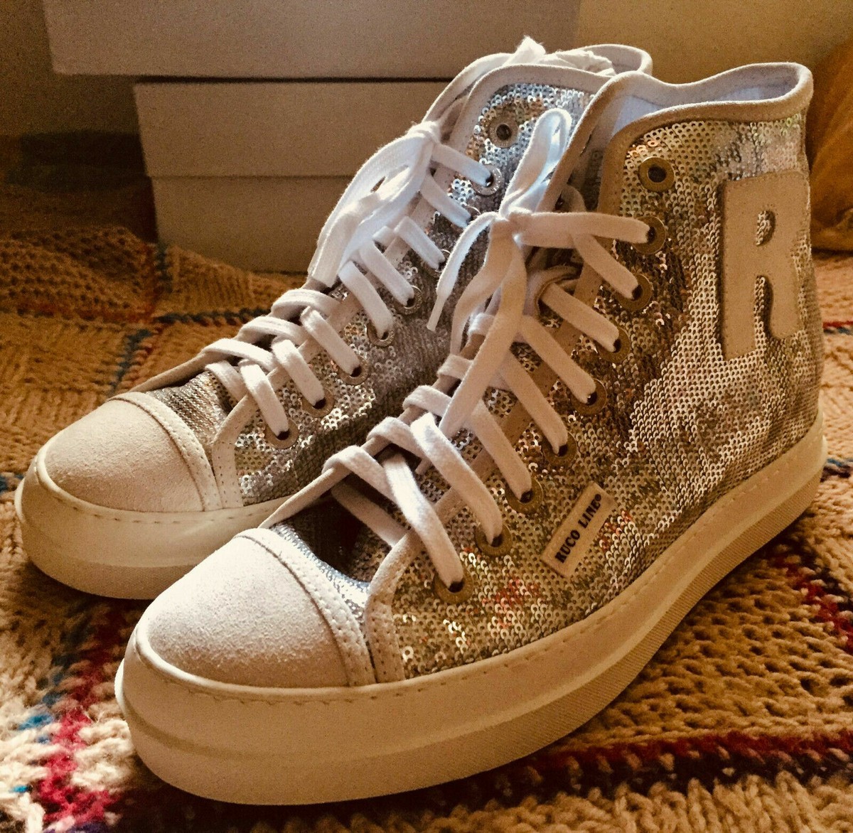 $300 RUCO LINE ARIEL STAR Hidden Wedge Hi Top Sequined Sneakers 