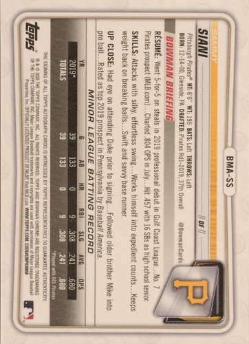 2020 Bowman Mega Box Baseball Chrome Mojo Autographs #BMA-SS: Sammy Siani Mojo - 第 2/4 張圖片