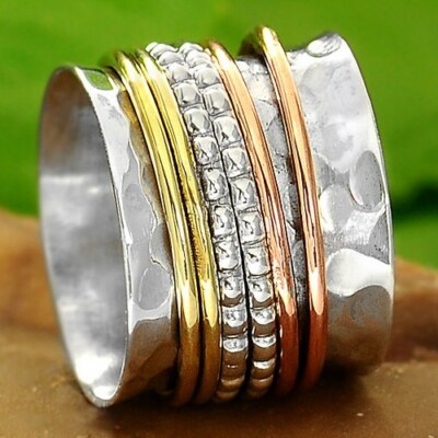 Solid 925 Sterling Silver Spinner Ring 3 Tone Spinning Wide Band New