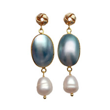 Cultured White Rice Pearl Blue Sea Shell Dangle Stud Earrings Fashion Jewelry