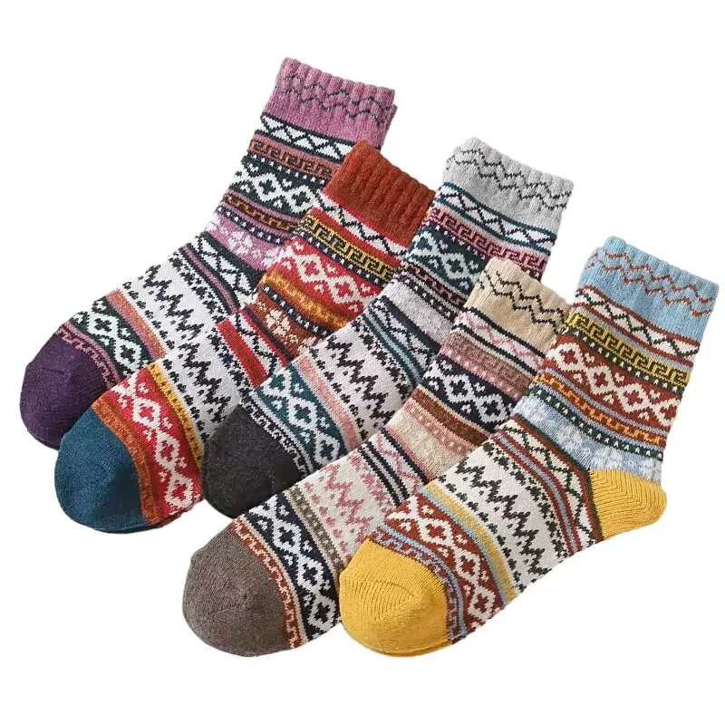 5 Pairs Nordic Winter Soft Warm Wool Ethnic Style Socks UK 4-7 - Image 2 of 4