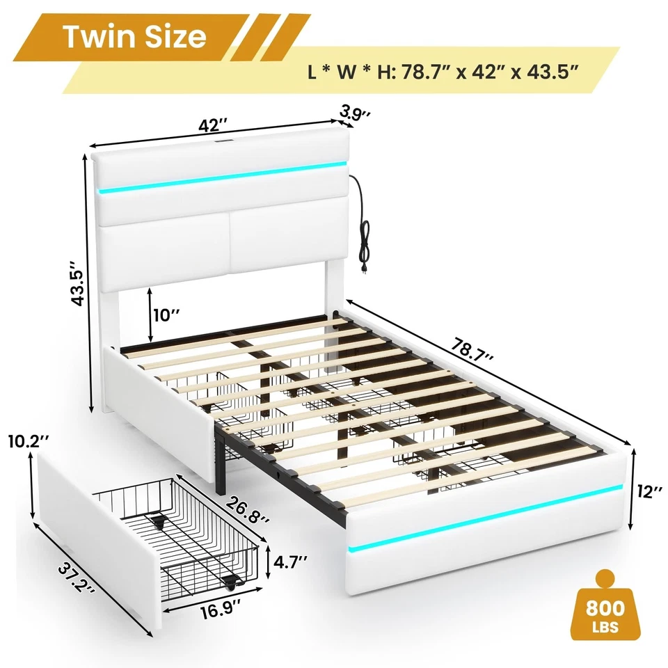 Каркас двуспальной кровати со светодиодной подсветкой и ящиками для хранения, мягкая кровать-платформа - Изображение 2 из 4
