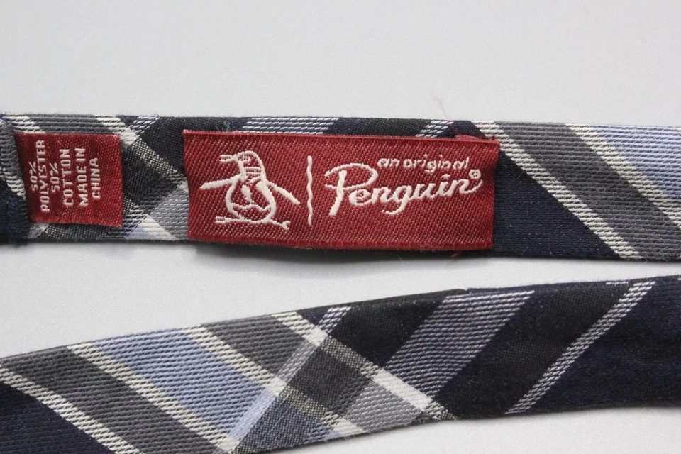 Pajarita ajustable de algodón y poliéster PENGUIN. Cuadros azules con grises. Foto 3 de 3