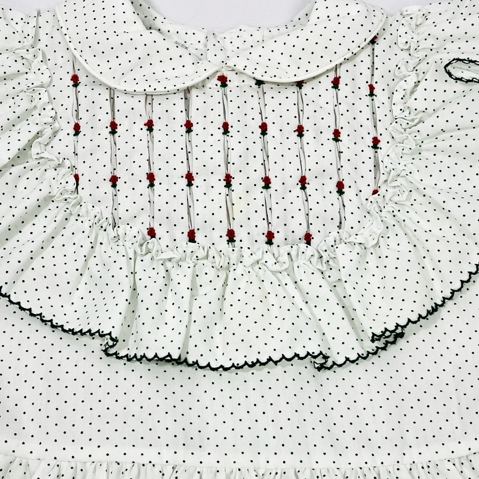Polly Flinders Smocked Dress Size 6 White Green Dot Red Rosettes Cottage READ - Image 2 of 4