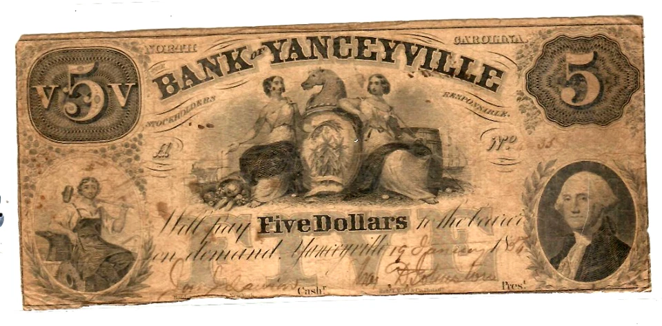 $5 "BANK OF YANCEYVILLE" (NORTH CAROLINA) 1800'S  "BANK OF YANCEYVILLE" $5 NICE! - Image 2 of 3