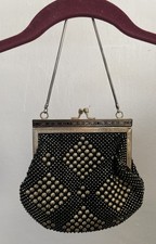 Vintage 1960s Black/Gold Beaded Bag 7x6  With 6  Chain Detailed Metal Clasp