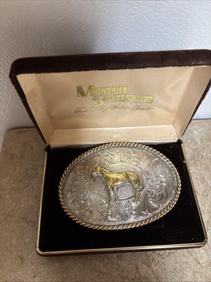 Montana Silversmiths Horse Belt Buckle   Silver & Gold   Western Rope Edge