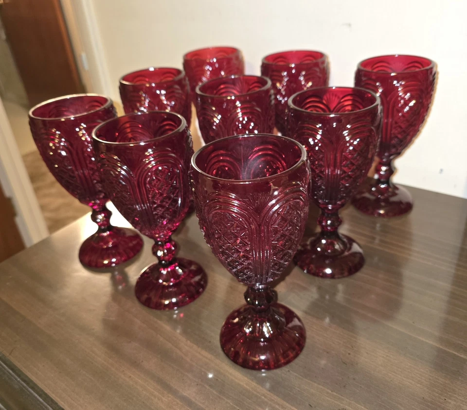 Vintage Ruby Red Water Goblets Wine Glasses 7" Set of 9 New Unused - Image 2 of 4