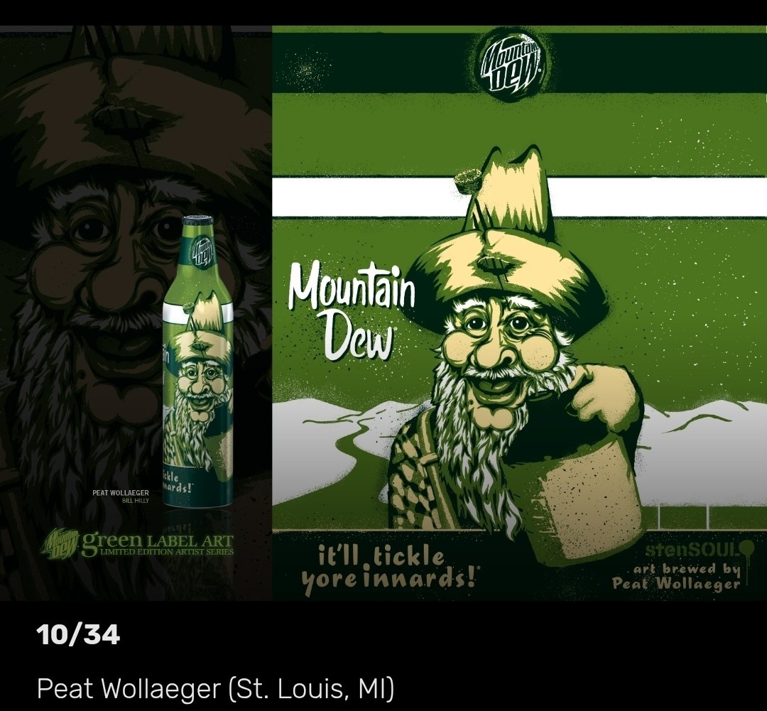 Mt. Dew Unopened Green Label Art Aluminum Bottles, 9 different