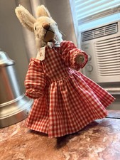 Antique Stieff Bunny Rabbit Plush Movable Arms & Head With Dress and Stand