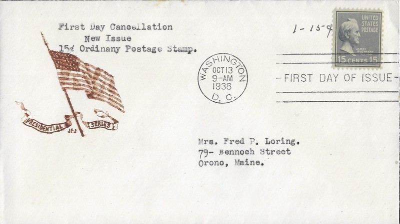 1938 Prexie FDC, #820, 15c Jame Buchanan, unlisted cachet