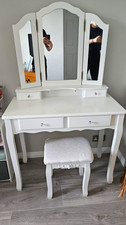 White Freestanding Dressing Table with Tri-Fold Mirror, 4 Drawers & Stool