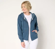 Peace Love World Women's Top Sz M French Terry Embroidered Zip Front Blue