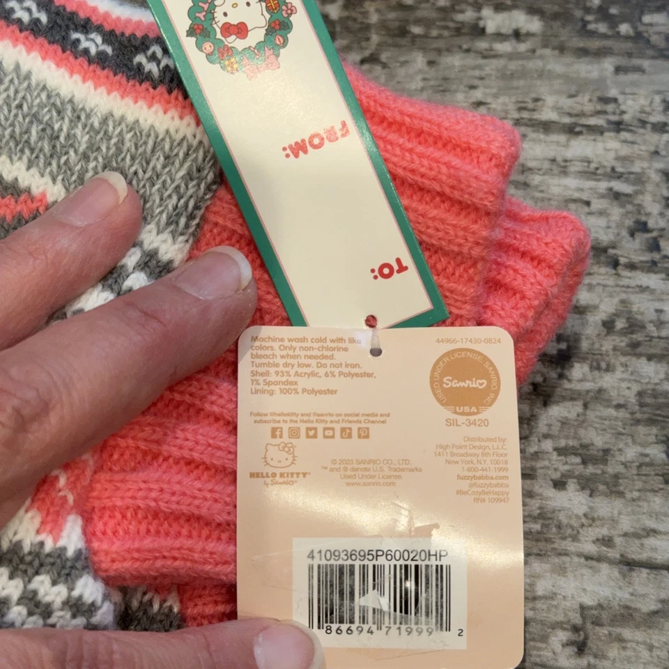 Hello Kitty 拖鞋袜尺寸 4-10 粉色灰色冬季人造毛皮礼物舒适柔软全新带标签 — 第 3/4 张图片