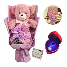 EIGHTOWN Preserved Rose Bouquet Flowers with Teddy Bear - Roses Purple