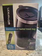 Emerson Stainless Steel Heated Travel Mug 14 oz with Lid Handle 12V Auto Adapter