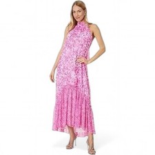 Vince Camuto Halter Maxi Dress Size XXS Pink Floral Long Ruffles Neck Tie