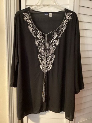 Basic Editions Women's Boho Peasant Blouse Black w White Embroidery Size 2X