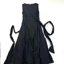 J Peterman V Neck Sleeveless Midi Dress Black Tie Waist Size 4