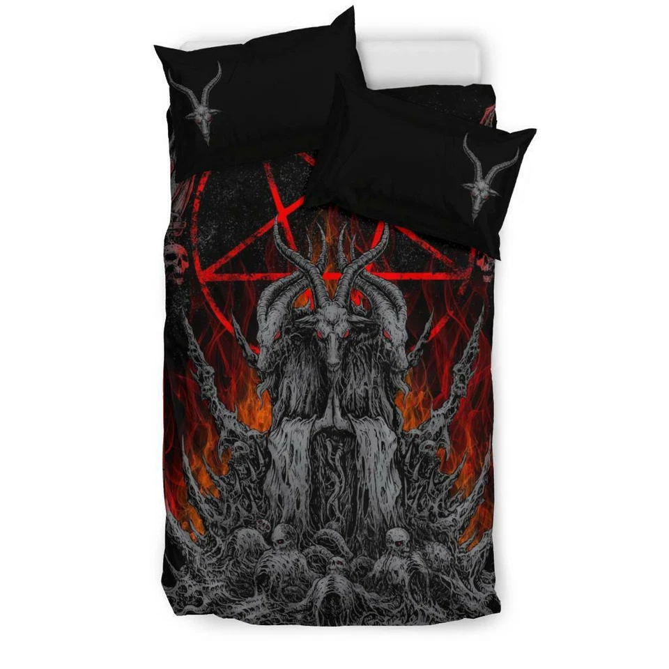 Juego de edredón de 3 piezas calavera cabra satánica pentagrama invertido demonio alado llama plateada Foto 4 de 4