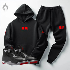 Men's Black Red 23 Sweatsuit Sneaker Match Air Jordan 4 Bred Hoodie Joggers Set
