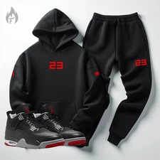 Men's Black Red 23 Sweatsuit Sneaker Match Air Jordan 4 Bred Hoodie Joggers Set