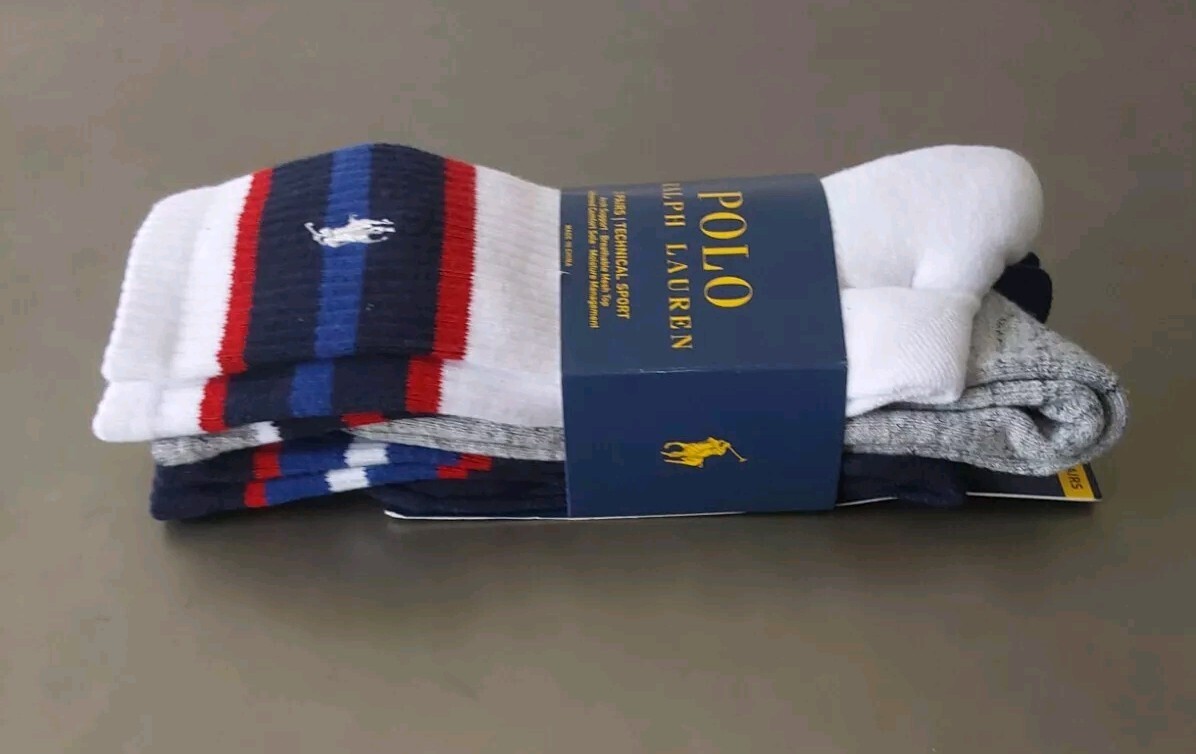 PONY Polo Ralph Lauren Technical Sport Calzini da uomo in cotone bianchi assortiti taglia 10 13