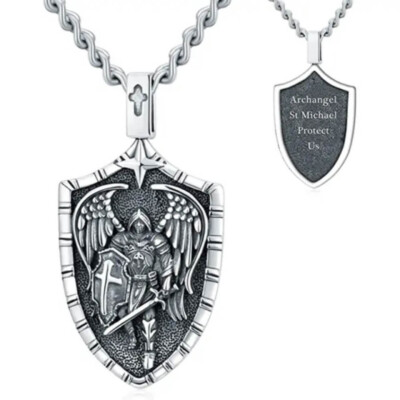 MLD 925 Sterling Silver Saint St Michael Shield Pendant Necklace - Curb Chain
