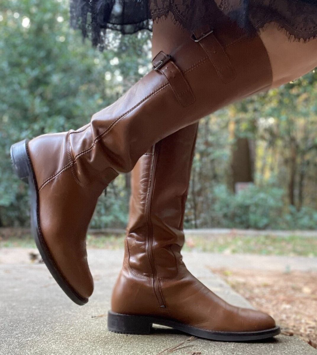 ECCO Boots Size 8 Wide Tall Knee-High Leather Riding Zip Buckles