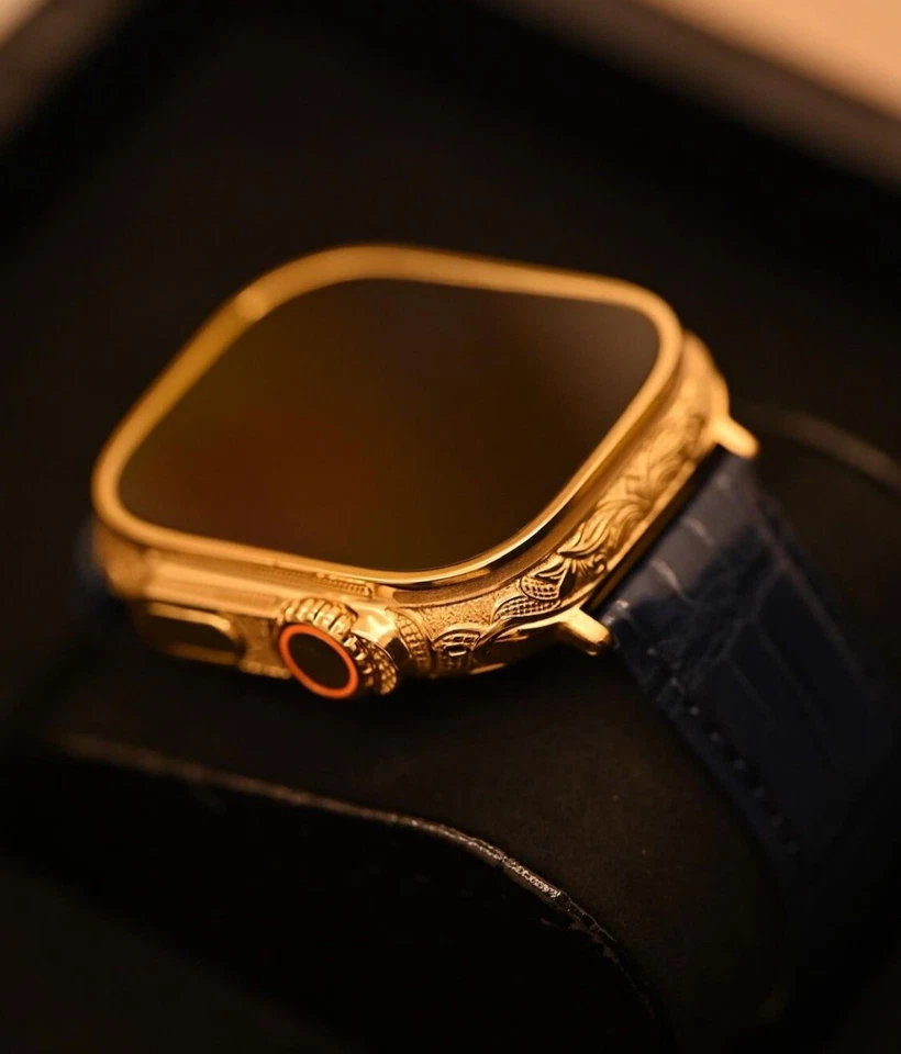 Custom 24k Gold Plated Apple Watch ULTRA 3 49mm Engraved Black Leather Band - Image 4 of 4