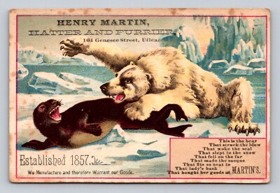 Polar Bear Seal Henry Martin Hatter Furrier Utica Trade Card P280