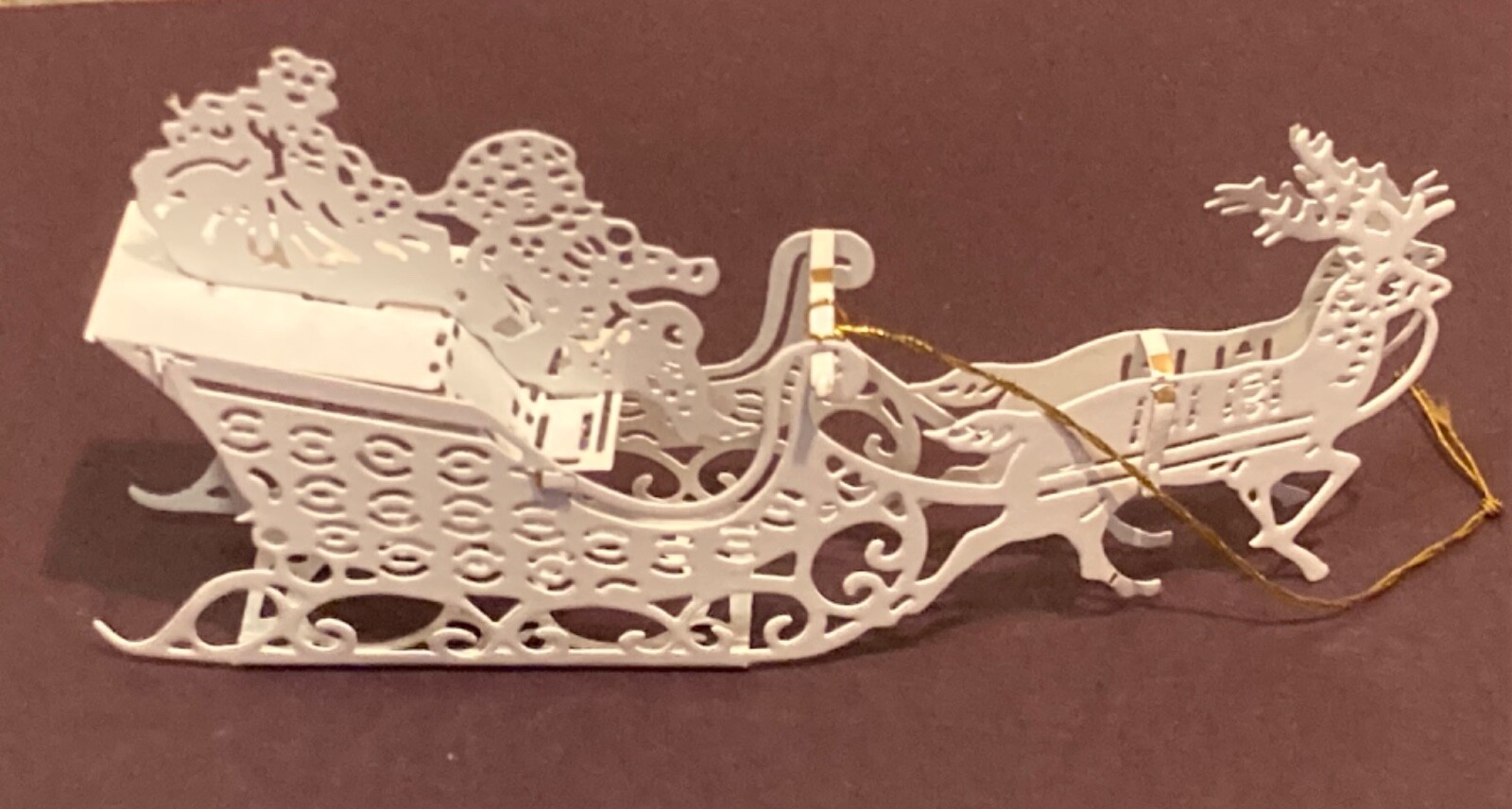 Cut Out Metal White Santa Sleigh and Reindeer Ornament