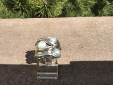 925 Sterling 14k Pearl Ring Modernist Design Size 7 3/4 Unique Luxurious Buy