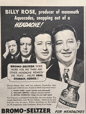 Bromo-Seltzer Remedy Headache Stomach Billy Rose Aquacades Vintage Print Ad 1940